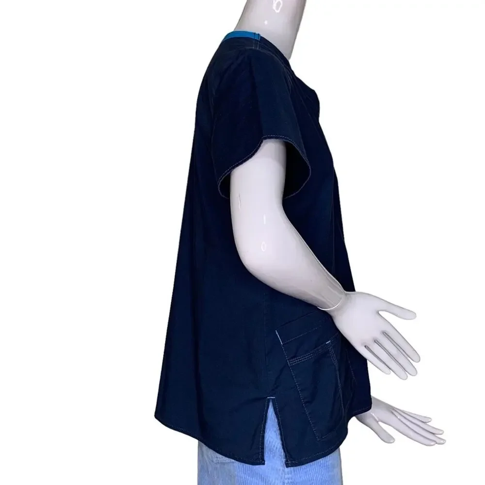 Wonder Flex Scrub Top Navy Blue Front Patch Pockets Size M
